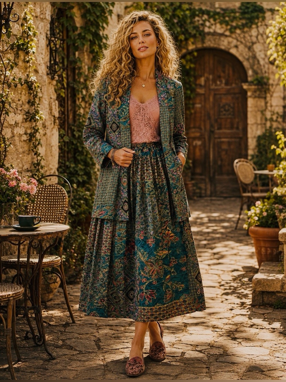 Vintage 1980s/90s  Function  Patchwork Print Two-Piece Jacket & Midi Skirt 12.